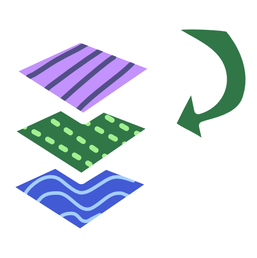 An image with light line art  shows a stack of 3 squares. Each square is a different color and has a different pattern. Purple with stripes, green with dots, and blue with waves. A green arrow curves to point at the square in the middle. 